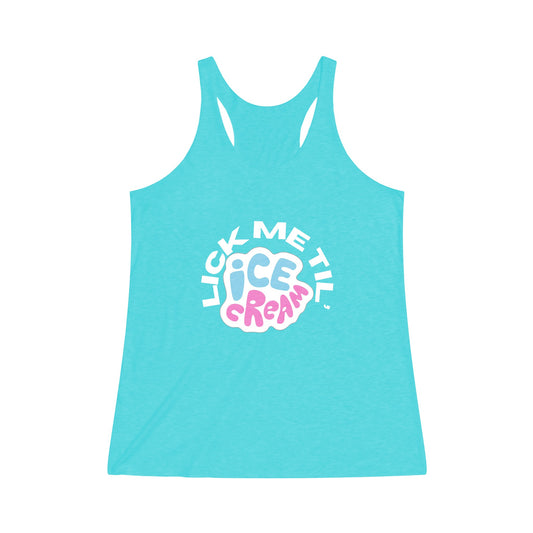 The Stamina for Men Lick me till Ice cream woman's fitted Tahiti blue tank top product shot with white background